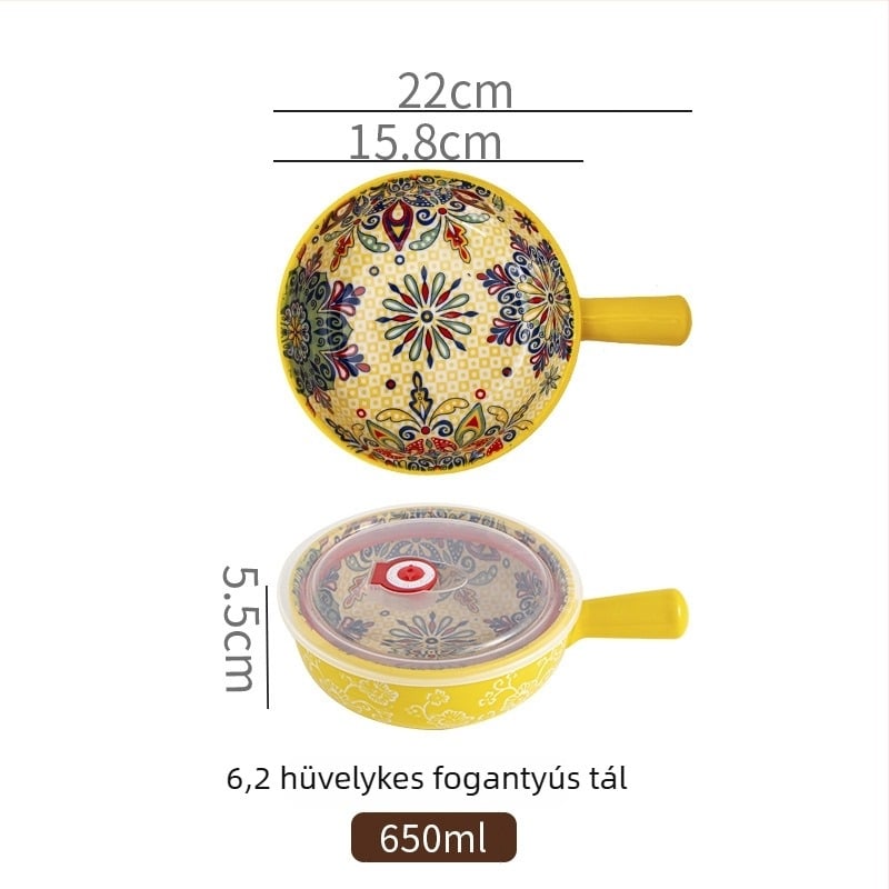 Porcelánból készült salátás tál fogantyúval, növényi mintával, nordic stílus, kör alakú, mikróban használható