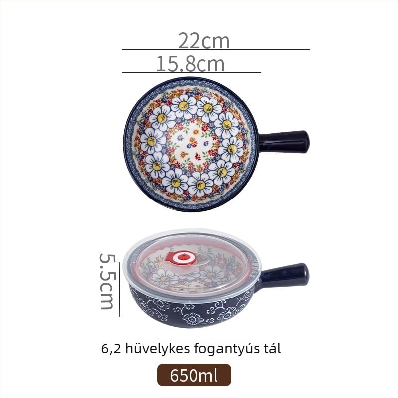 Porcelánból készült salátás tál fogantyúval, növényi mintával, nordic stílus, kör alakú, mikróban használható