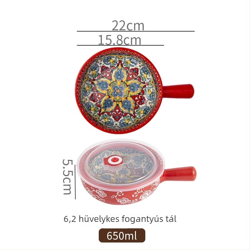 Porcelánból készült salátás tál fogantyúval, növényi mintával, nordic stílus, kör alakú, mikróban használható