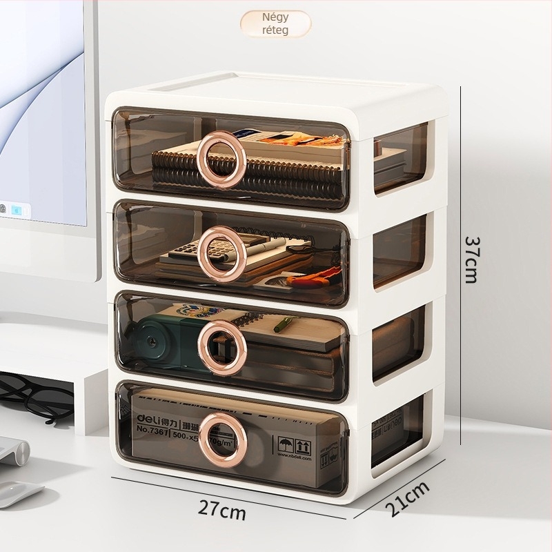 Kozmetikai tároló műanyagból, átlátszó fiókokkal – asztali rendező sminkhez és bőrápoláshoz, Yunshina, Jieyang, 2023