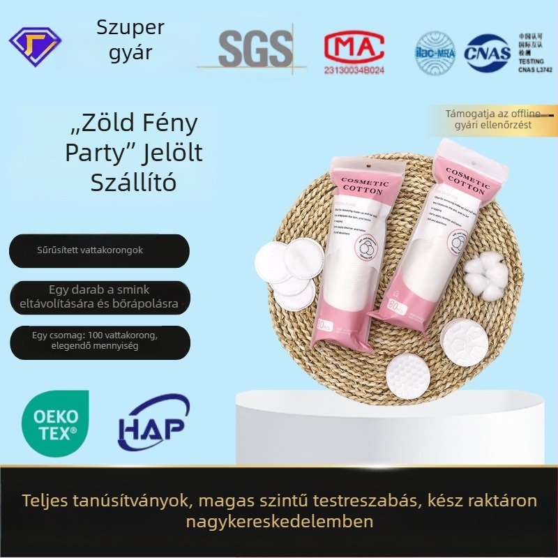 Sminkeltávolító pamut korongok, 3 rétegű, nem szövött textil, funkciók: smink eltávolítása, felvitele és nedves felvitel, ODM testreszabás