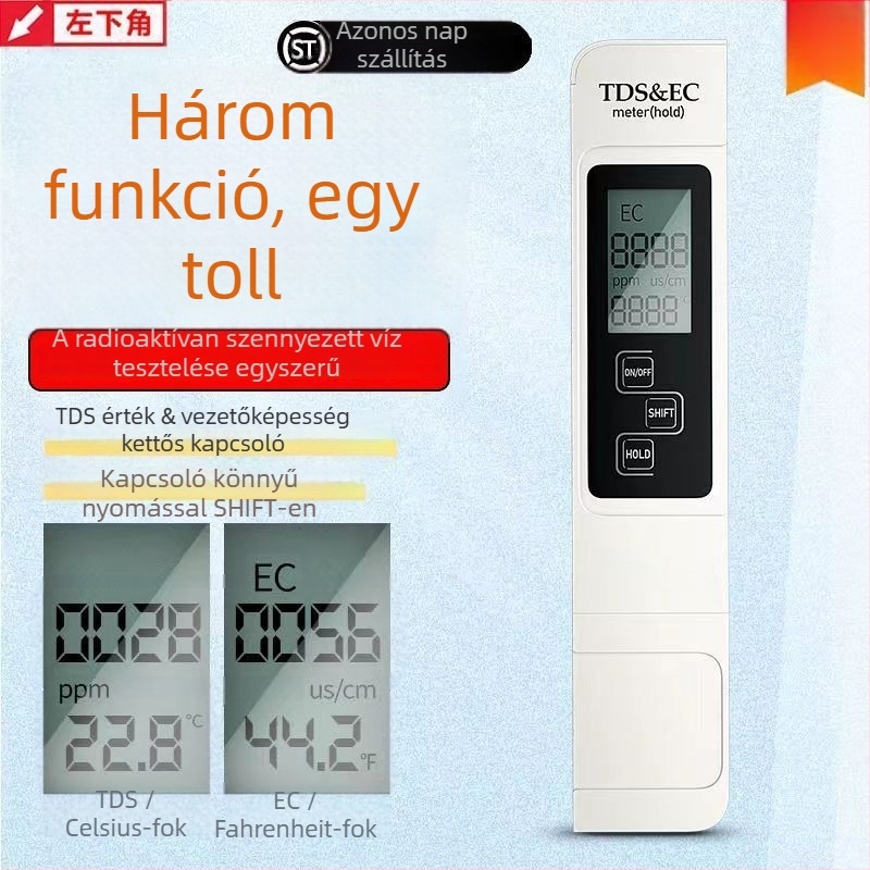 Five man Hordozható vízminőség-analizátor – Három az egyben: hőmérséklet, vezetőképesség (EC) és TDS – Modell 1