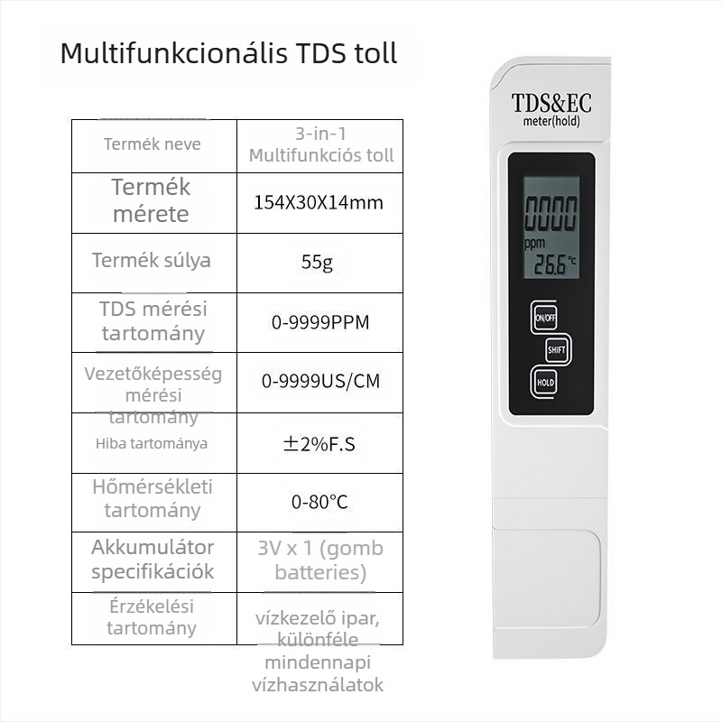 Five man Hordozható vízminőség-analizátor – Három az egyben: hőmérséklet, vezetőképesség (EC) és TDS – Modell 1