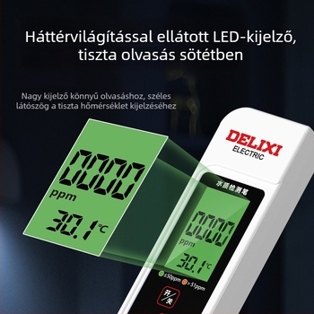 Delixi DLX-GM766 Hordozható vízminőség-elemző – TDS-tesztelő csapvíz és ivóvízhez, mérési tartomány 0-9990 ppm, pontosság ±2% FS, tápegység 3V