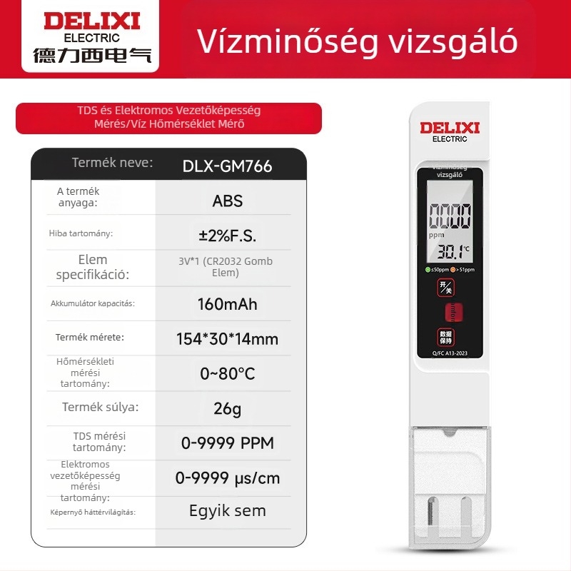Delixi DLX-GM766 Hordozható vízminőség-elemző – TDS-tesztelő csapvíz és ivóvízhez, mérési tartomány 0-9990 ppm, pontosság ±2% FS, tápegység 3V