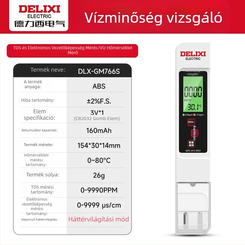 Delixi DLX-GM766 Hordozható vízminőség-elemző – TDS-tesztelő csapvíz és ivóvízhez, mérési tartomány 0-9990 ppm, pontosság ±2% FS, tápegység 3V