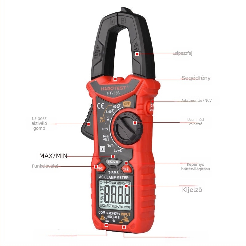 HABOTEST HT206B 600A AC áramcsipeszes multiméter, digitális kijlező, nagy pontosságú
