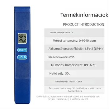 Hordozható vízminőség-analizátor TDS-H1A – tartomány 0–9990 ppm, pontosság 1 ppm, 3V tápegység