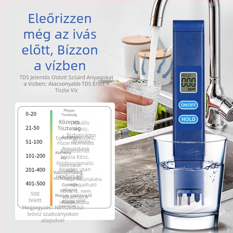 Hordozható vízminőség-analizátor TDS-H1A – tartomány 0–9990 ppm, pontosság 1 ppm, 3V tápegység