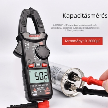 Mai Yilong digitális clamp-mérő HT200A/HT200B: feszültség 0–750 V, áramerősség 600 A-ig, ellenállás 40 mΩ, csipesz nyitása 25 mm