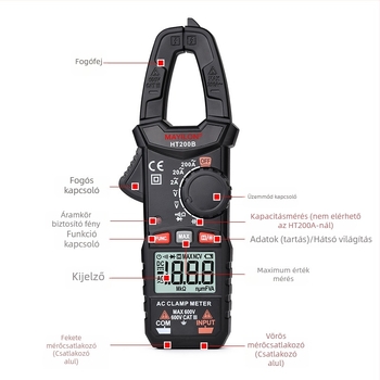 Mai Yilong digitális clamp-mérő HT200A/HT200B: feszültség 0–750 V, áramerősség 600 A-ig, ellenállás 40 mΩ, csipesz nyitása 25 mm