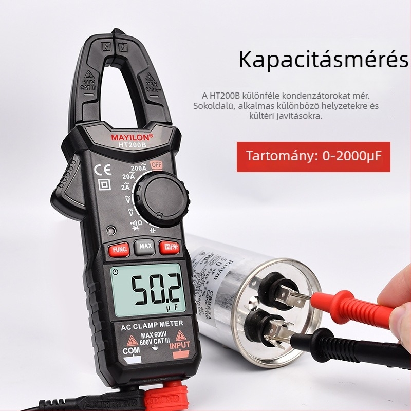 Mai Yilong digitális clamp-mérő HT200A/HT200B: feszültség 0–750 V, áramerősség 600 A-ig, ellenállás 40 mΩ, csipesz nyitása 25 mm