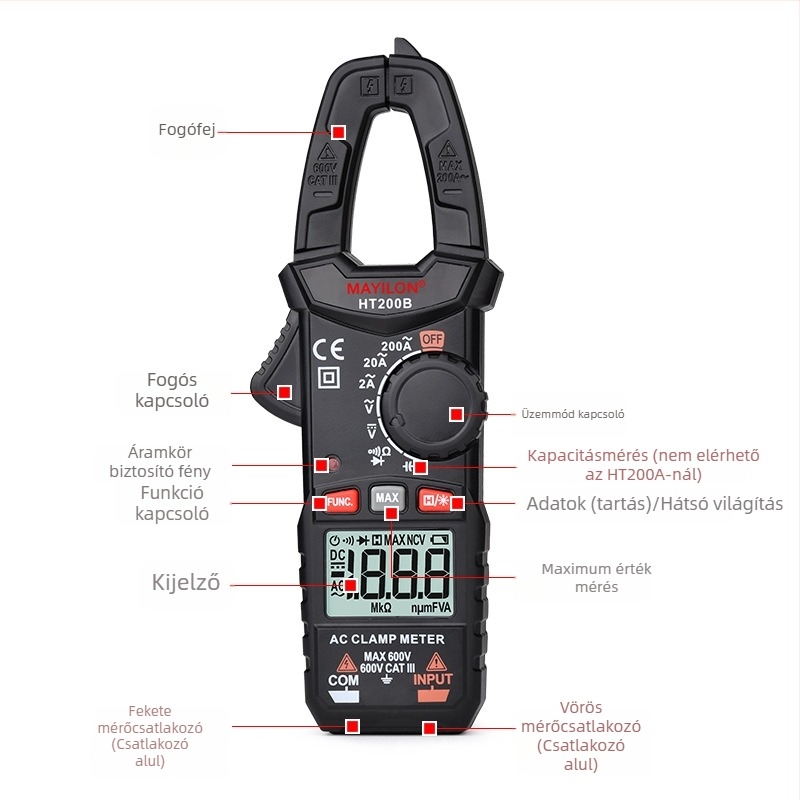 Mai Yilong digitális clamp-mérő HT200A/HT200B: feszültség 0–750 V, áramerősség 600 A-ig, ellenállás 40 mΩ, csipesz nyitása 25 mm