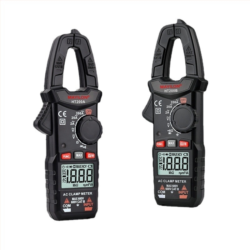 Mai Yilong digitális clamp-mérő HT200A/HT200B: feszültség 0–750 V, áramerősség 600 A-ig, ellenállás 40 mΩ, csipesz nyitása 25 mm