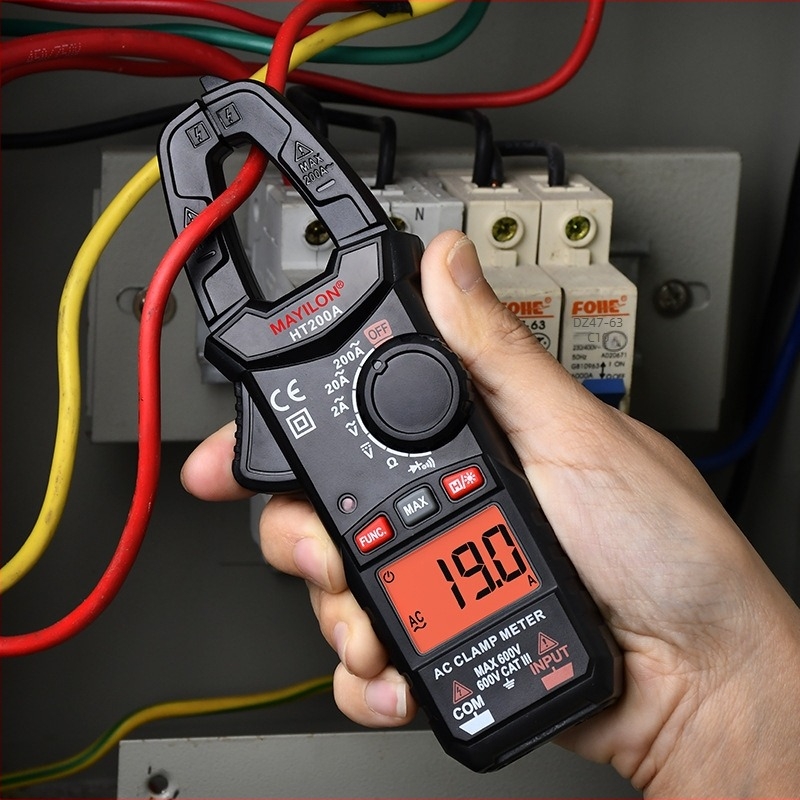 Mai Yilong digitális clamp-mérő HT200A/HT200B: feszültség 0–750 V, áramerősség 600 A-ig, ellenállás 40 mΩ, csipesz nyitása 25 mm