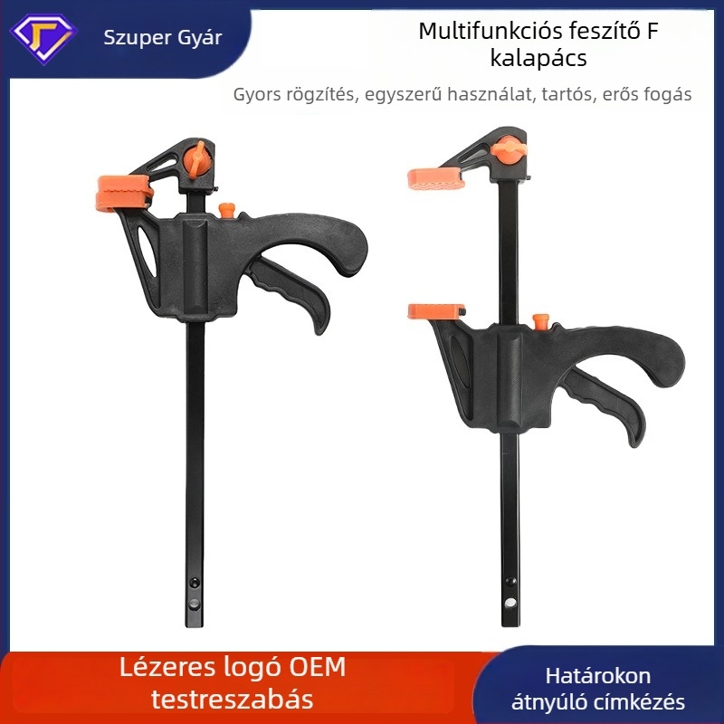 F-alakú szorító, trigger típusú mechanizmus, kétirányú, szerszámacélból, 0.07 kg