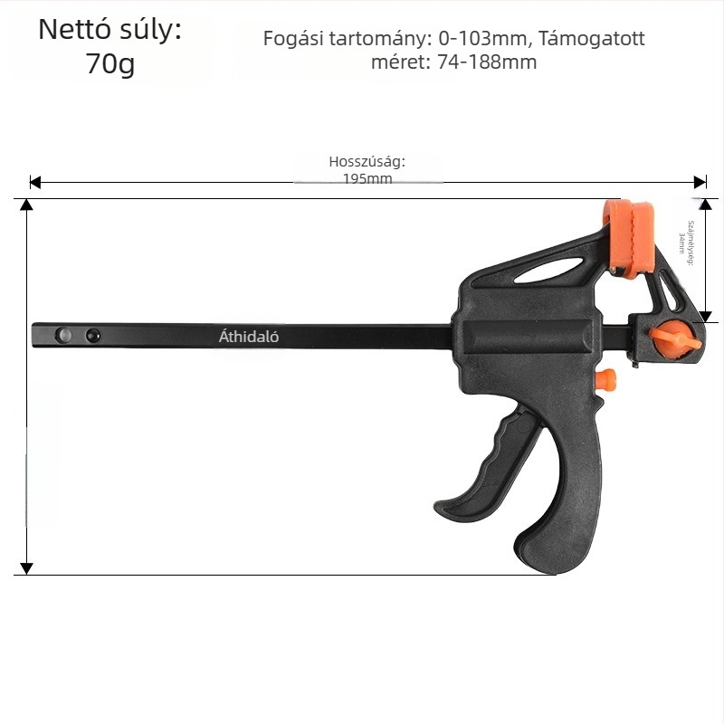 F-alakú szorító, trigger típusú mechanizmus, kétirányú, szerszámacélból, 0.07 kg