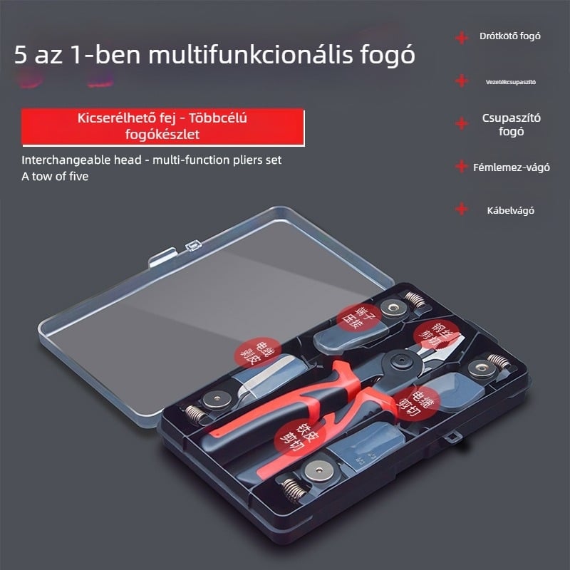 ZHCY Fogókészlet: zárható fogó, hosszú orrú fogó, diagonális fogó és sodrító fogó — csúszásmentes, menetelt acélból, súly 1,2