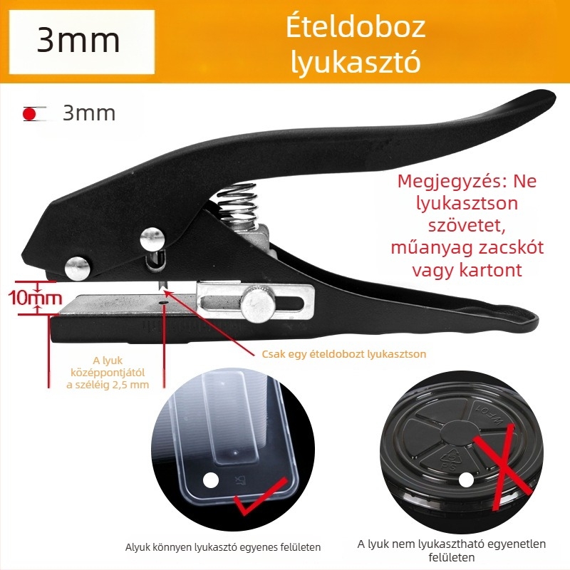 PVC műanyag pohárfedél légnyílások perforáló gépe szállítódobozokhoz; anyaga: cinkötvözet; súly: 0.35 kg; cél: catering, kézi használat; funkció: fedél ventillációs nyílásainak perforálása