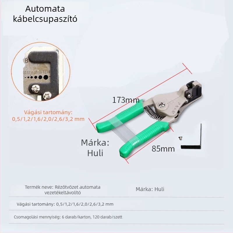 Automata vezeték-hámozó szerszám elektromos karbantartáshoz; 45# acélból; tömeg 0,24 kg; alkalmas elektromos karbantartási feladatokra.