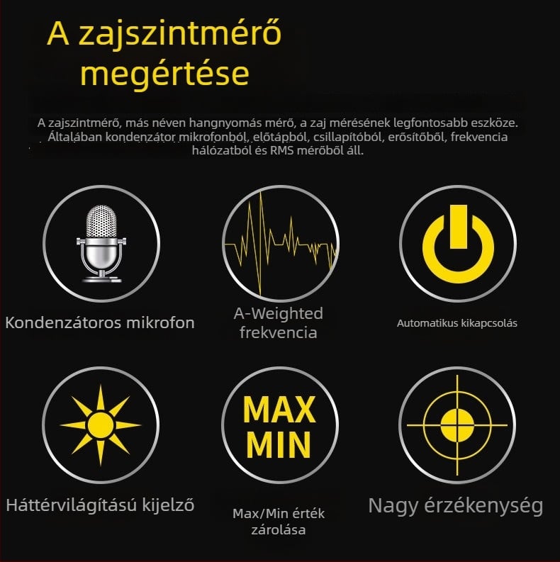 AS804 digitális zajmérő, kézben tartható, 30-130 dBA tartomány, pontosság 1.5 dB, felbontás 0.1 dB