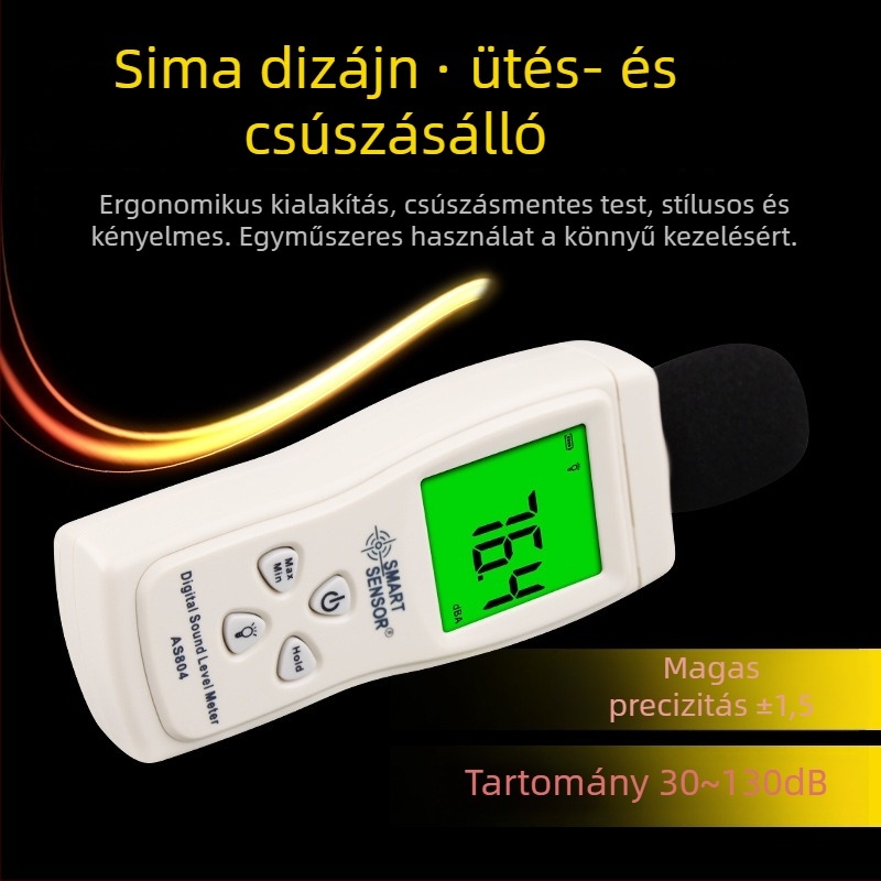 AS804 digitális zajmérő, kézben tartható, 30-130 dBA tartomány, pontosság 1.5 dB, felbontás 0.1 dB