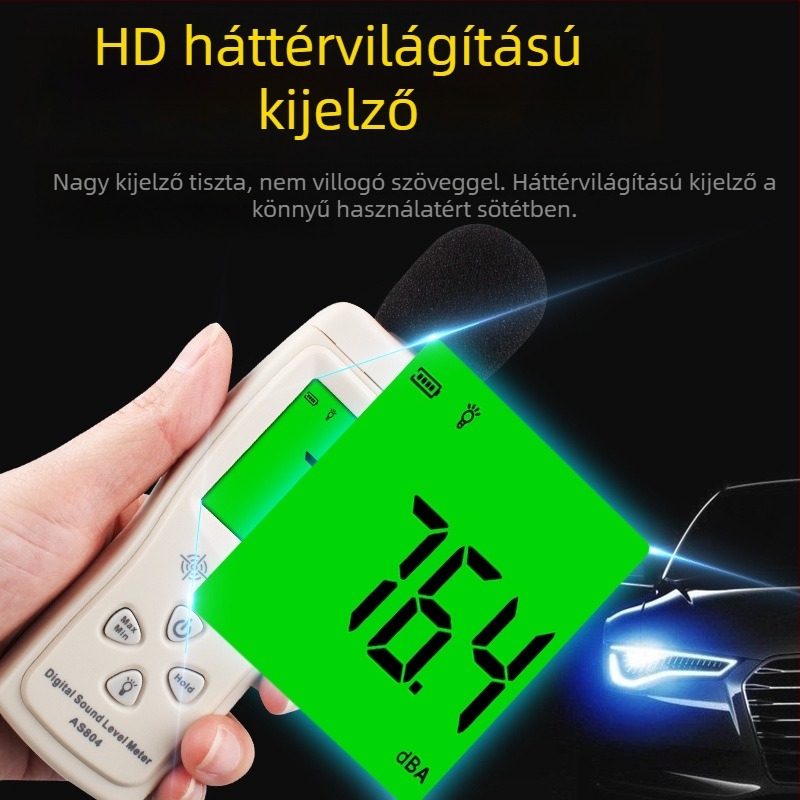 AS804 digitális zajmérő, kézben tartható, 30-130 dBA tartomány, pontosság 1.5 dB, felbontás 0.1 dB