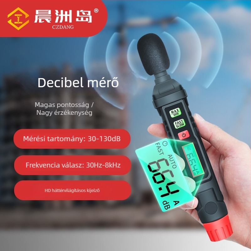 HT-64 digitális zajmérő – tartomány 30–130 dB; pontosság ±1.5 dB (1 kHz), ±5 dB (8 kHz); felbontás 1 dB
