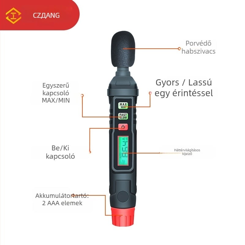 HT-64 digitális zajmérő – tartomány 30–130 dB; pontosság ±1.5 dB (1 kHz), ±5 dB (8 kHz); felbontás 1 dB