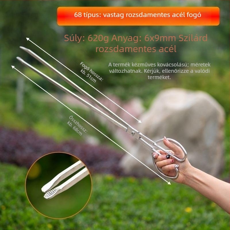 Rozsdamentes acél tűzfogó, hosszú nyéllel, háztartási használatra