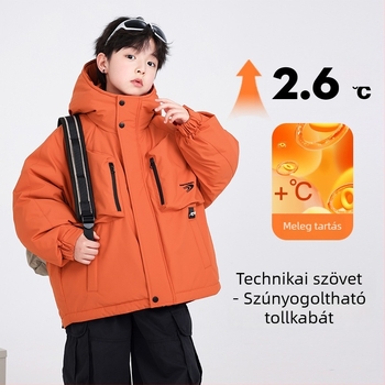 Gyerekek téli kapucnis pehelykabát, kacsapuh 70–129 g, töltet 86–90%, poliészter külső, cipzár