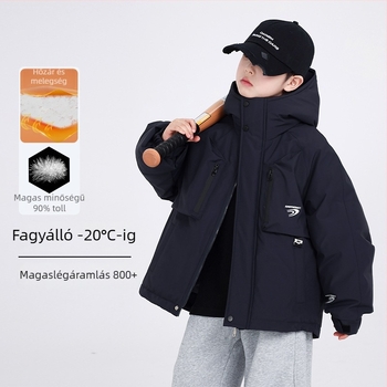 Gyerekek téli kapucnis pehelykabát, kacsapuh 70–129 g, töltet 86–90%, poliészter külső, cipzár