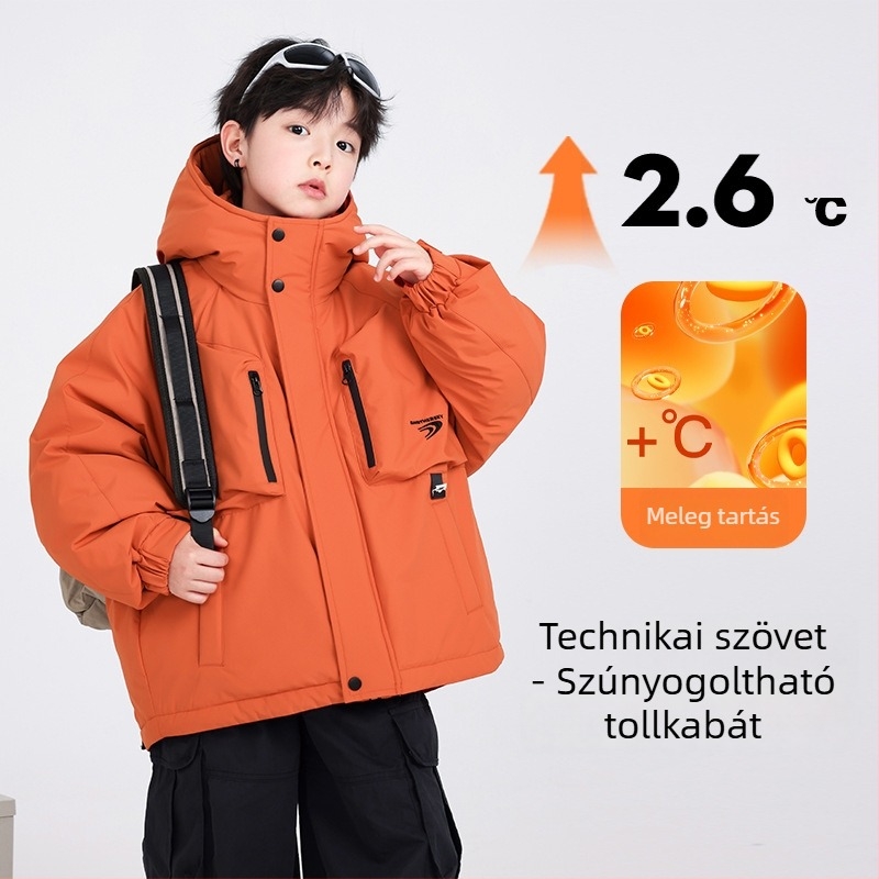 Gyerekek téli kapucnis pehelykabát, kacsapuh 70–129 g, töltet 86–90%, poliészter külső, cipzár