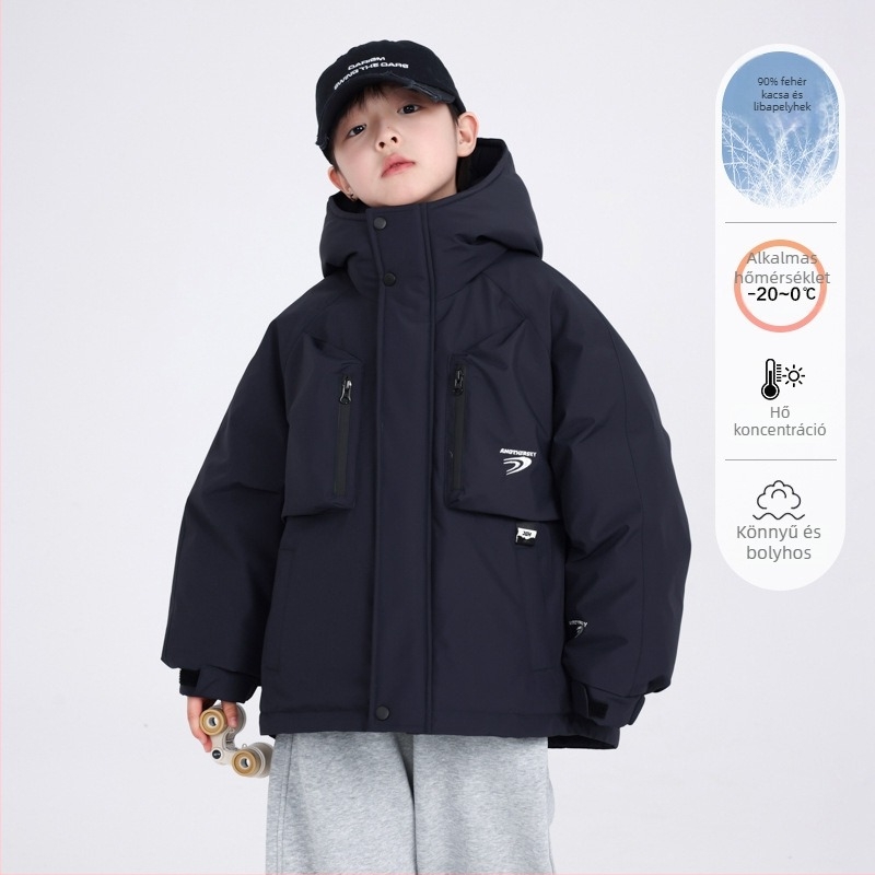 Gyerekek téli kapucnis pehelykabát, kacsapuh 70–129 g, töltet 86–90%, poliészter külső, cipzár