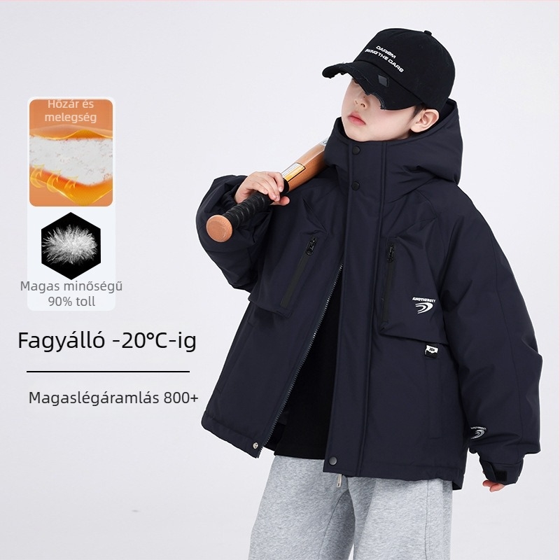 Gyerekek téli kapucnis pehelykabát, kacsapuh 70–129 g, töltet 86–90%, poliészter külső, cipzár