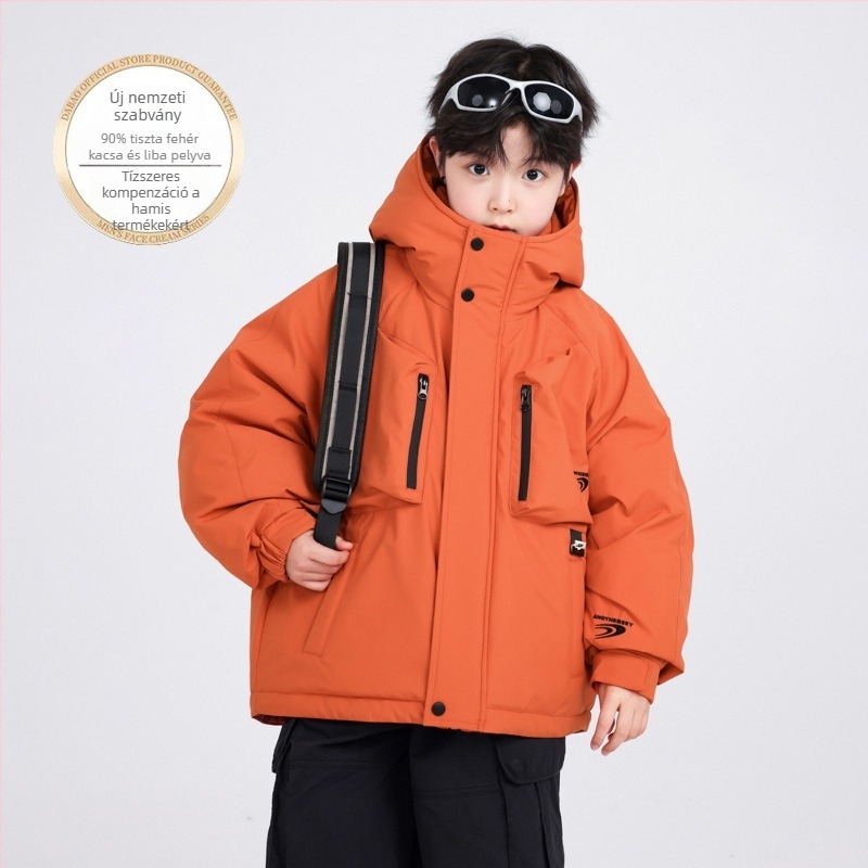 Gyerekek téli kapucnis pehelykabát, kacsapuh 70–129 g, töltet 86–90%, poliészter külső, cipzár