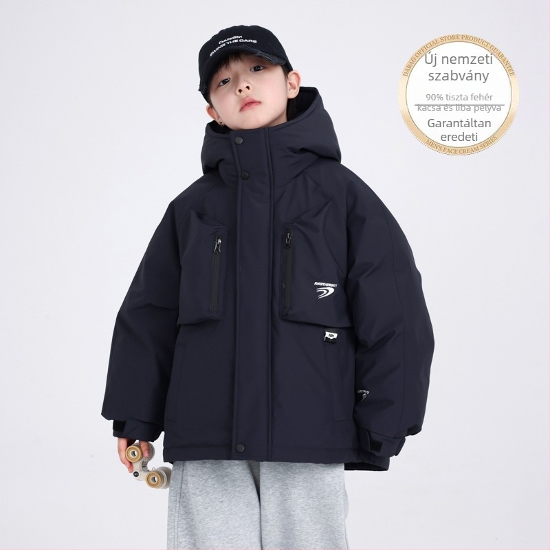 Gyerekek téli kapucnis pehelykabát, kacsapuh 70–129 g, töltet 86–90%, poliészter külső, cipzár