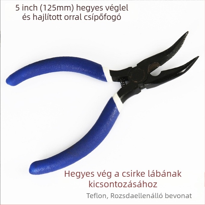 Ívelt szájú fogó, hosszú orrú fogó fogakkal, hajlított fej, szigetelt, 45# acél