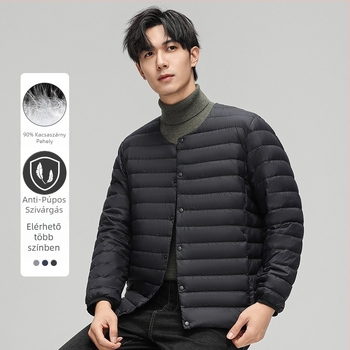 Férfi pehelykabát – könnyű téli kabát, fehér kacsa pehely (86–90%), 550 töltőerő, külső Nylon/Poliamid 100%, belső poliészter bélés 100%, karcsú szabás