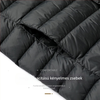 Férfi pehelykabát – könnyű téli kabát, fehér kacsa pehely (86–90%), 550 töltőerő, külső Nylon/Poliamid 100%, belső poliészter bélés 100%, karcsú szabás