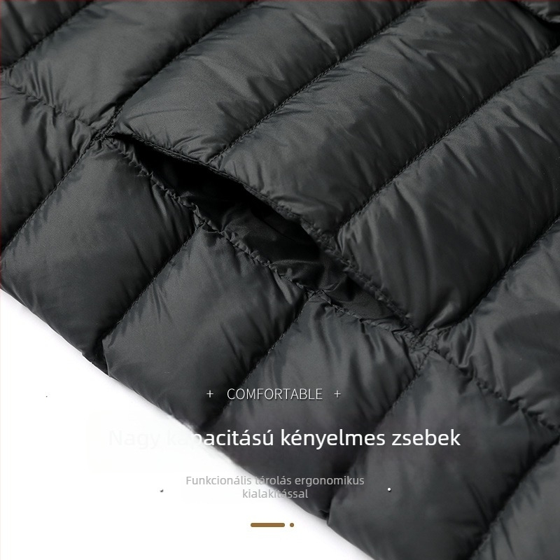 Férfi pehelykabát – könnyű téli kabát, fehér kacsa pehely (86–90%), 550 töltőerő, külső Nylon/Poliamid 100%, belső poliészter bélés 100%, karcsú szabás