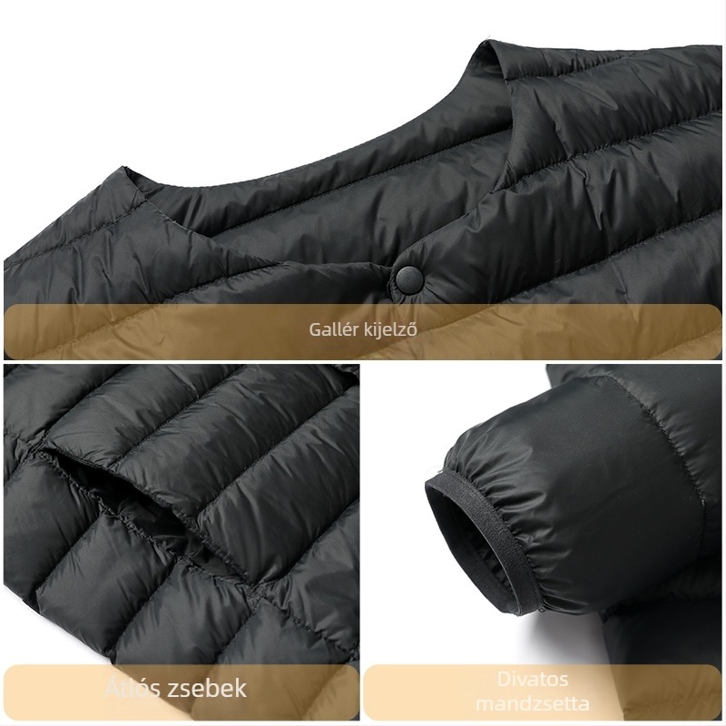 Férfi pehelykabát – könnyű téli kabát, fehér kacsa pehely (86–90%), 550 töltőerő, külső Nylon/Poliamid 100%, belső poliészter bélés 100%, karcsú szabás