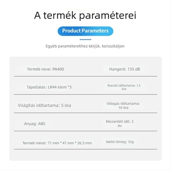 Wolf Defender Személyes riasztó - 130 dB, LED villanás, 4.5 V, ABS, 1 év készenlét (Model PA400)