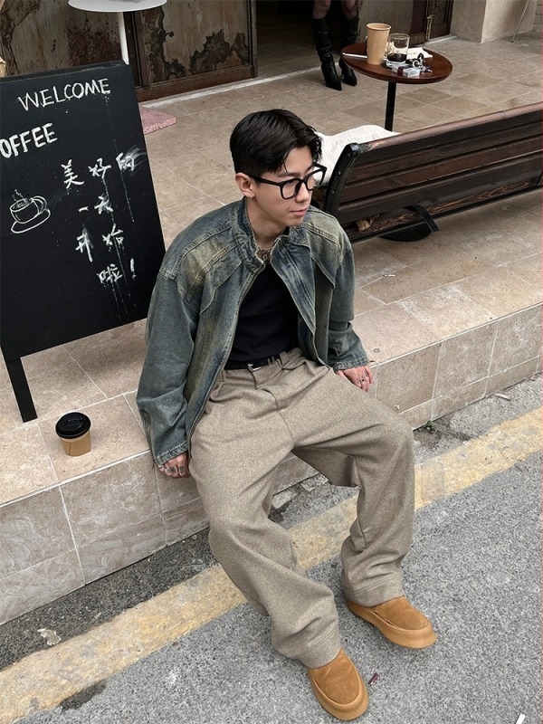 Férfi denim dzseki — álló gallér, cipzár, patchwork, laza szabás
