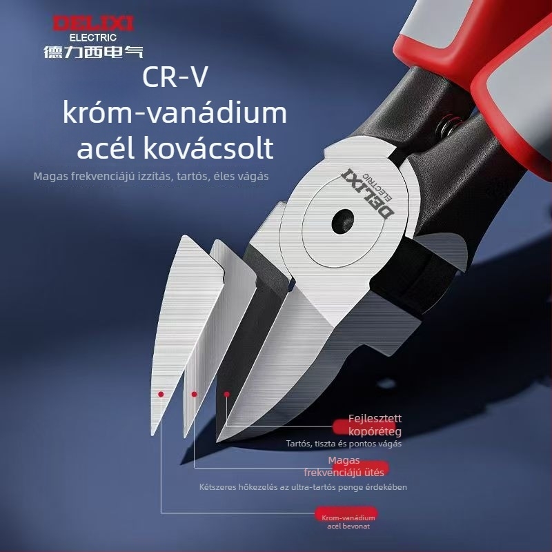 Delixi Electric ipari osztályú diagonális vágófogó, magas keménységű, ferde állkapcsokkal, króm-vanádium acélból