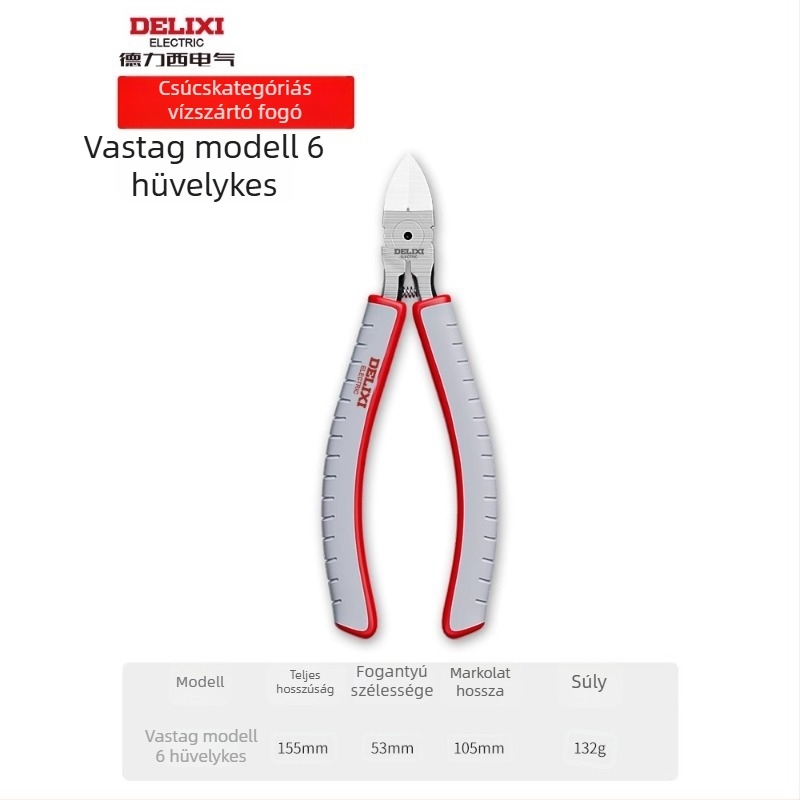 Delixi Electric ipari osztályú diagonális vágófogó, magas keménységű, ferde állkapcsokkal, króm-vanádium acélból