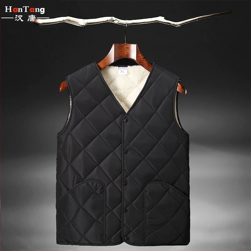 Férfi mellény fleece-béléssel, kockás mintával, téli, háromrétegű, gallér nélküli