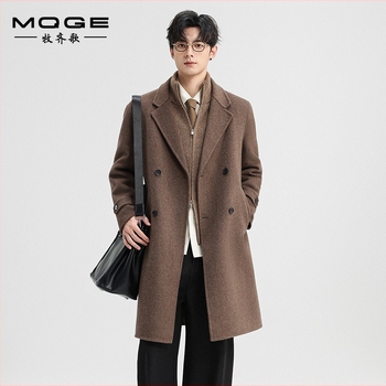 Kétoldalas gyapjúkeverék kabát, középhosszú, nyugati stílusú gallér, dupla soros gombolás, gyűrődésmentes kezelés