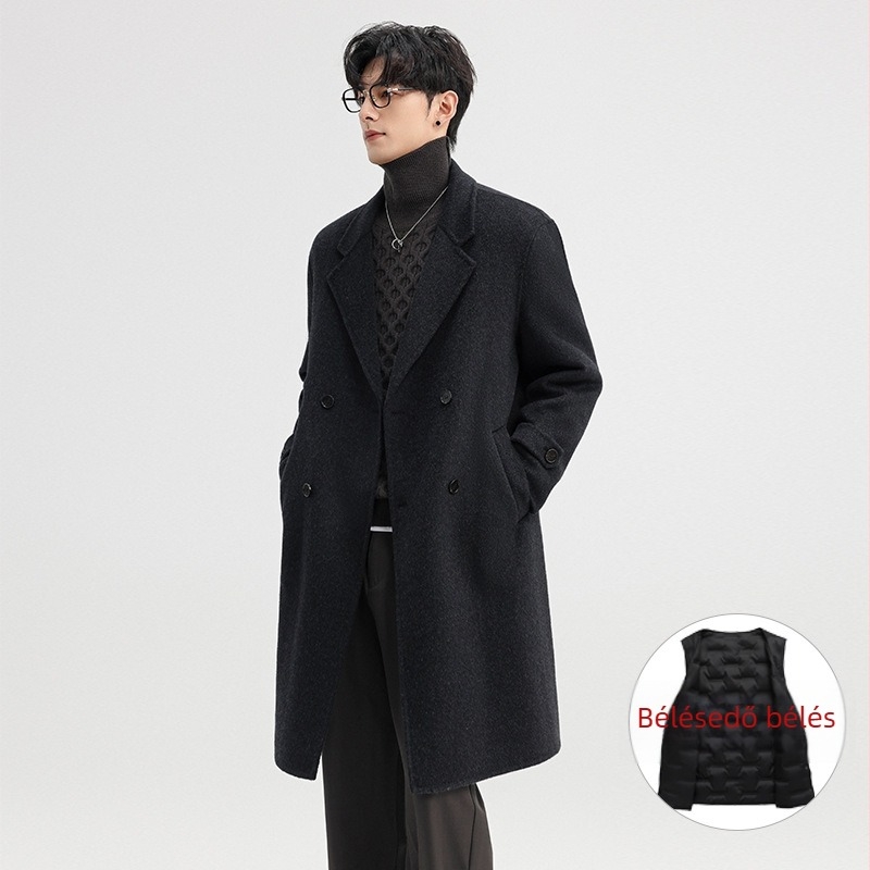 Kétoldalas gyapjúkeverék kabát, középhosszú, nyugati stílusú gallér, dupla soros gombolás, gyűrődésmentes kezelés