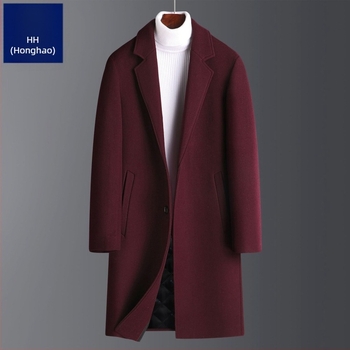 Gyapjúkabát, városi stílus, karcsú szabás, vastag gyapjú, egysoros záródás, V-nyakú gallér, poliészter bélés